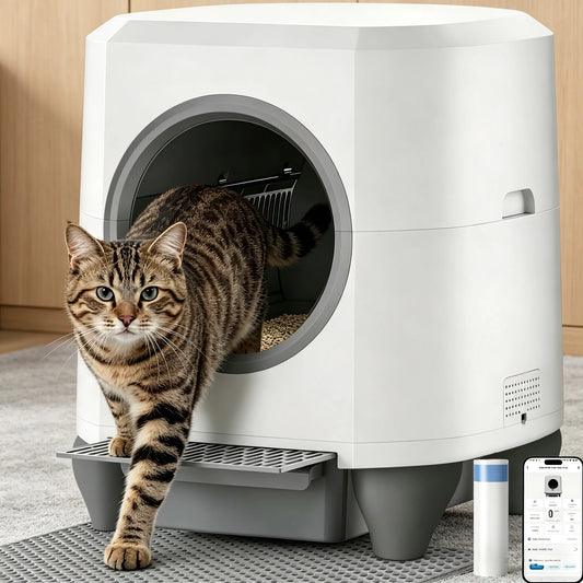 Arena para gatos autolimpiable, antifugas, antipinzamiento y desodorizante, control de aplicación, bandeja con capacidad para 80L para varios gatos