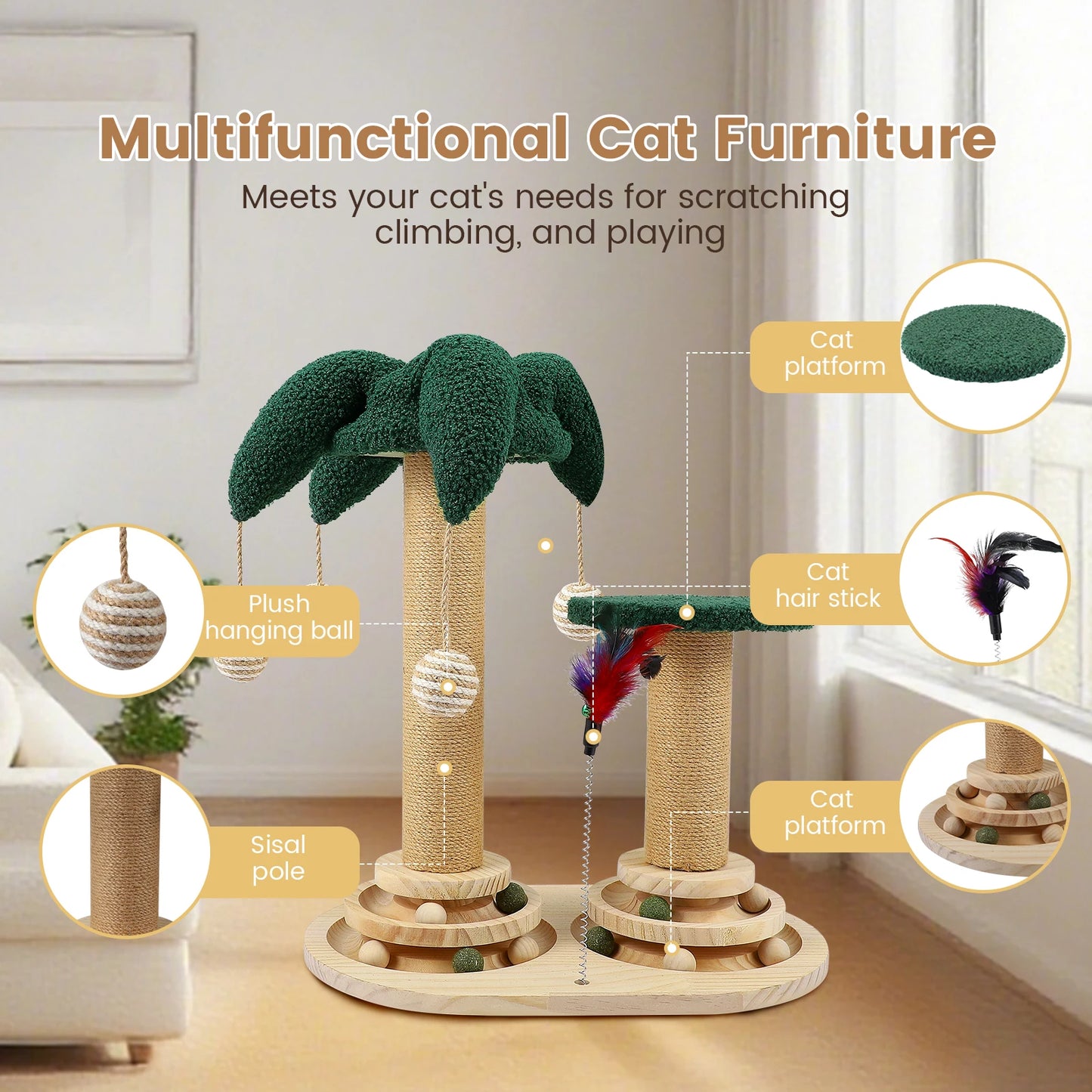 Juguete Interactivo 6 en 1 para Gatos, Mueble de Madera para Gatos con Bolas Colgantes, Plumas, Bola Giratoria Inteligente, Sisal y Cuerda de Yute