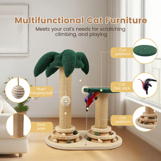 Juguete Interactivo 6 en 1 para Gatos, Mueble de Madera para Gatos con Bolas Colgantes, Plumas, Bola Giratoria Inteligente, Sisal y Cuerda de Yute