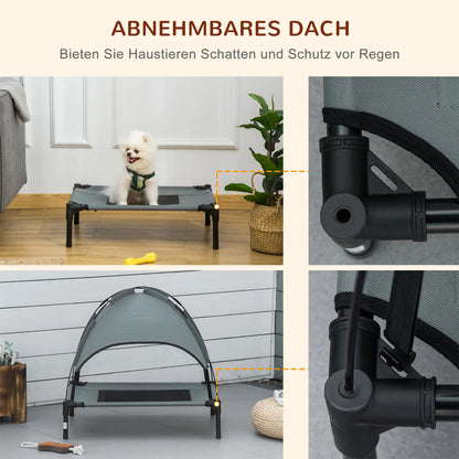 Cama para Mascotas Gris con Toldo – 61x46x62 cm, Tela Transpirable, Cama Elevada para Perros para Exteriores con Sombra
