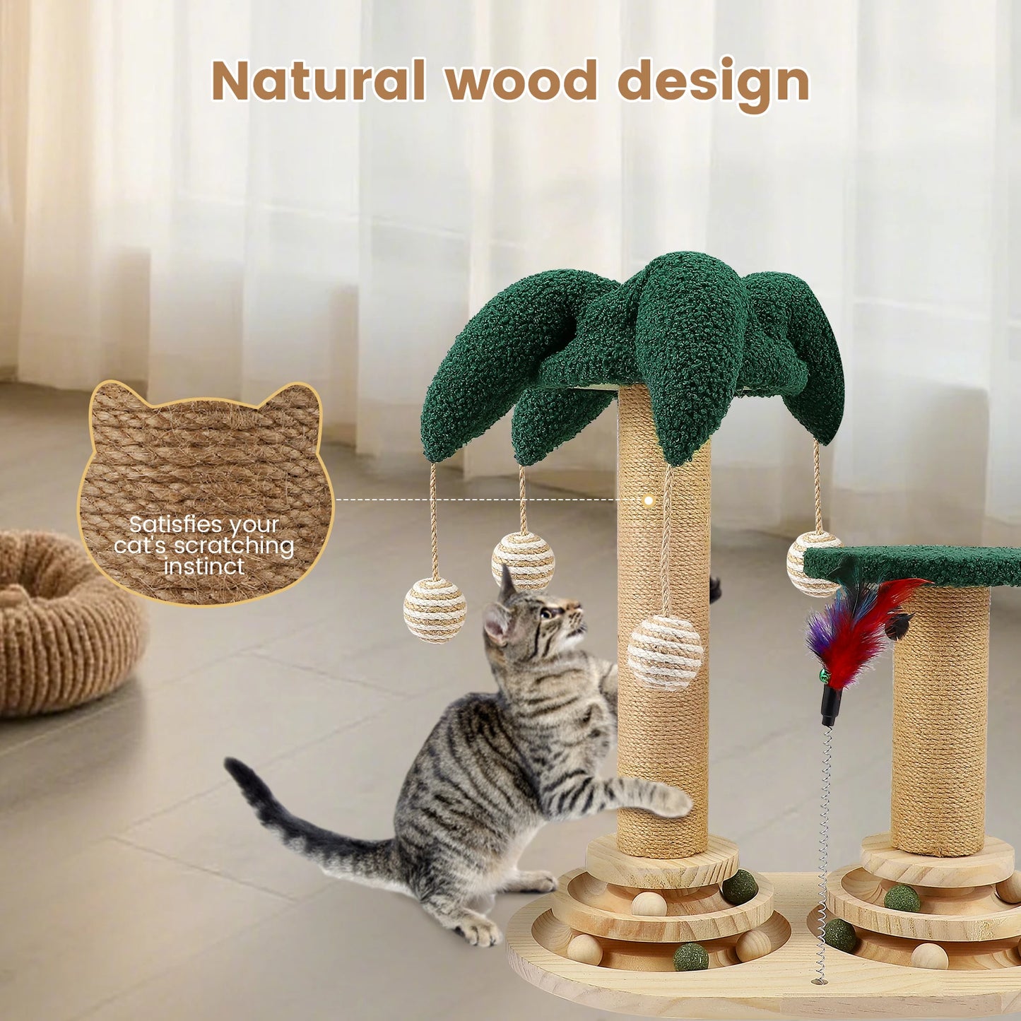 Juguete Interactivo 6 en 1 para Gatos, Mueble de Madera para Gatos con Bolas Colgantes, Plumas, Bola Giratoria Inteligente, Sisal y Cuerda de Yute