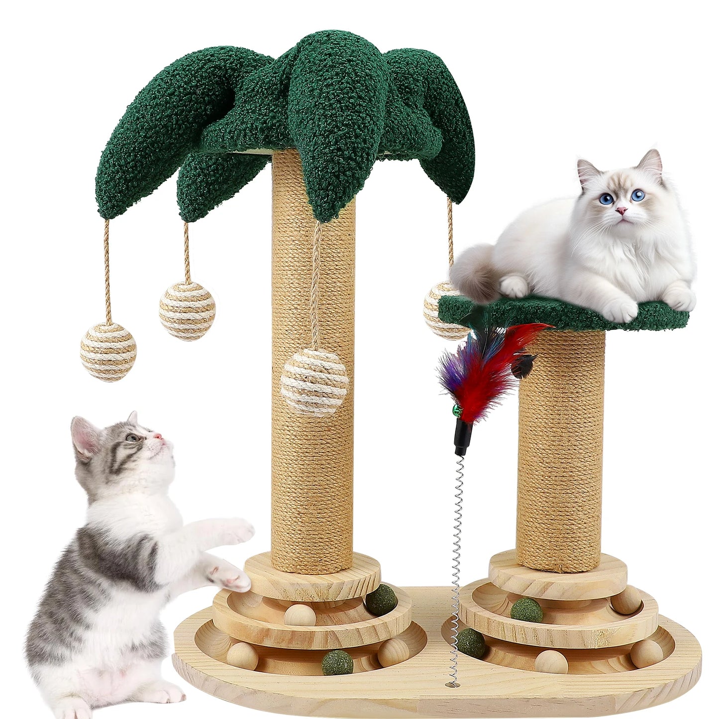 Juguete Interactivo 6 en 1 para Gatos, Mueble de Madera para Gatos con Bolas Colgantes, Plumas, Bola Giratoria Inteligente, Sisal y Cuerda de Yute