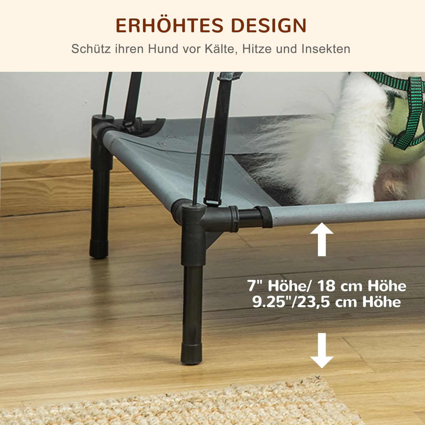 Cama para Mascotas Gris con Toldo – 61x46x62 cm, Tela Transpirable, Cama Elevada para Perros para Exteriores con Sombra