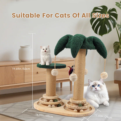 Juguete Interactivo 6 en 1 para Gatos, Mueble de Madera para Gatos con Bolas Colgantes, Plumas, Bola Giratoria Inteligente, Sisal y Cuerda de Yute