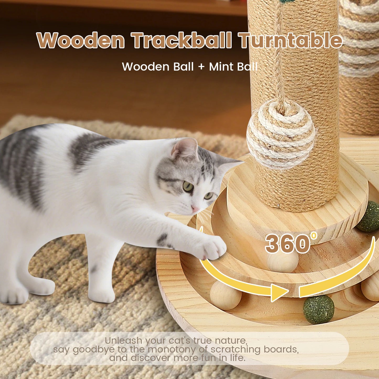 Juguete Interactivo 6 en 1 para Gatos, Mueble de Madera para Gatos con Bolas Colgantes, Plumas, Bola Giratoria Inteligente, Sisal y Cuerda de Yute
