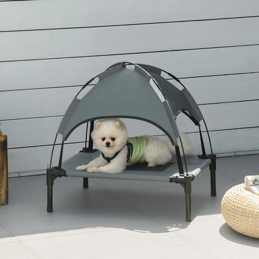 Cama para Mascotas Gris con Toldo – 61x46x62 cm, Tela Transpirable, Cama Elevada para Perros para Exteriores con Sombra
